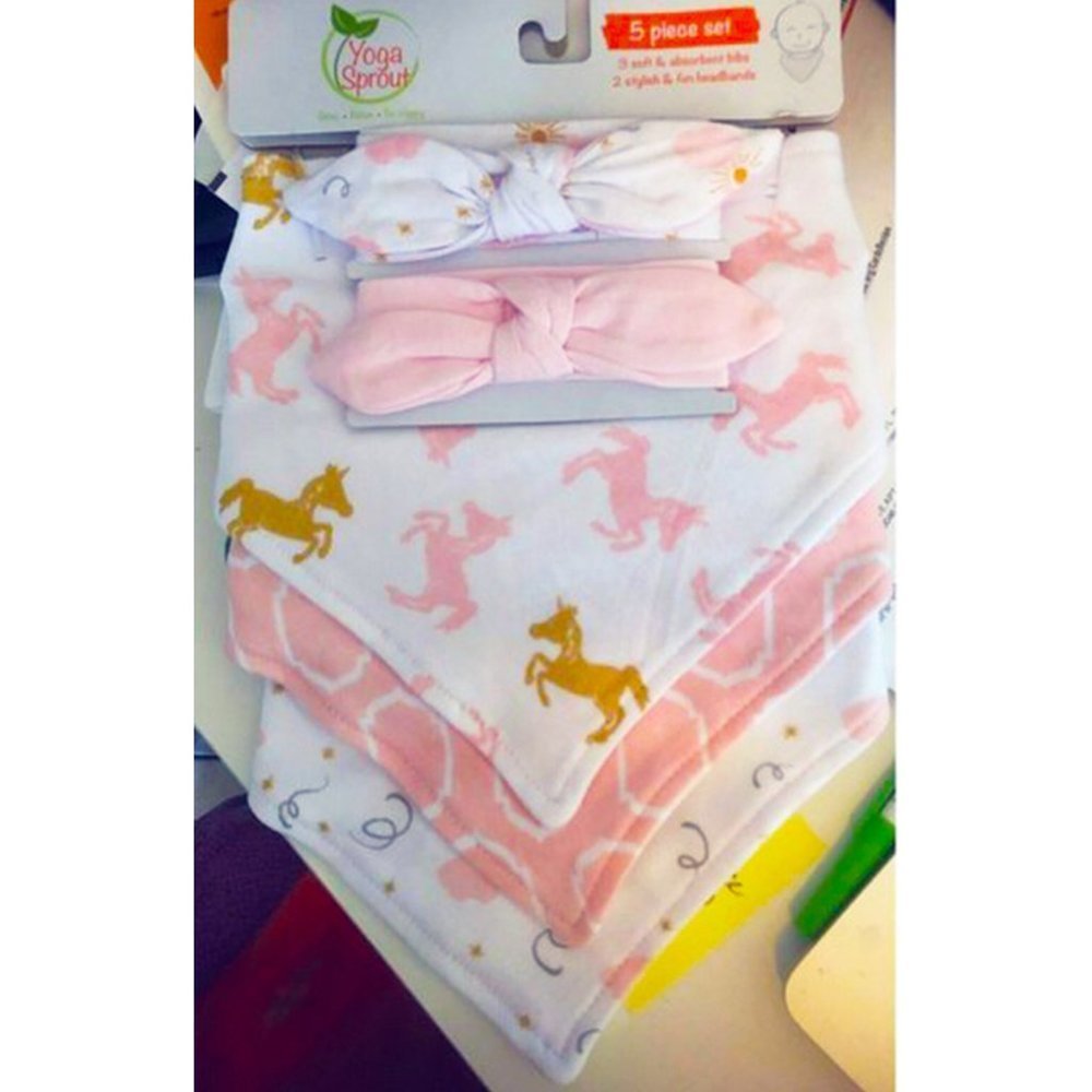 YOGA Sprout Baby Organic Cotton Bandana Bibs/Headbands. Pink/Mauve Set of 5